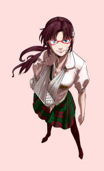 Rule 34 | 00s, 1girl, arm sling, bandages, bandaid, breasts, evangelion: 2.0 you can (not) advance, female focus, from above, full body, glasses, hairband, makinami mari illustrious, neon genesis evangelion, pantyhose, plaid, plaid skirt, rebuild of evangelion, sakamoto kengo, school uniform, simple background, skirt, smile, solo, twintails