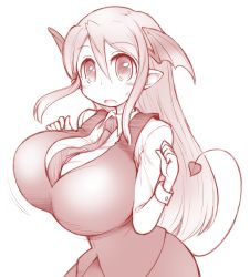 1girl blush bouncing_breasts breasts demon_tail head_wings highres huge_breasts koakuma long_hair looking_at_viewer monochrome necktie open_mouth pointy_ears shirt simple_background solo sotto tail touhou vest white_background wings