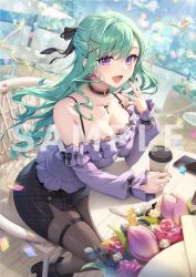 Rule 34 | 1girl, :d, black choker, black nails, black ribbon, black skirt, blush, braid, breasts, chair, choker, cleavage, coffee cup, collarbone, confetti, cup, disposable cup, earrings, flower, garter straps, gomashio ponz, green hair, hair ornament, hair ribbon, highres, jewelry, large breasts, long hair, looking at viewer, mole, mole on breast, nail polish, necklace, official art, open mouth, pantyhose, purple eyes, purple shirt, ribbon, ring, sample watermark, shirt, sitting, skirt, smile, solo, thigh strap, virtual youtuber, vspo!, watch, watermark, yakumo beni