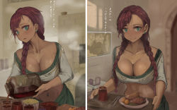 Rule 34 | 1girl, aqua eyes, baked potato, braid, breasts, cleavage, closed mouth, collarbone, commentary, cooking, crop top, durin (liangzi tai hongcha), earrings, food, highres, indoors, jar, jewelry, kitchen, knife, large breasts, liangzi tai hongcha, long hair, looking at viewer, map, multiple views, original, parted lips, plate, pouring, red hair, shirt, single braid, smile, steak, steam, stud earrings, sweat, tray, twin braids, upper body, white shirt