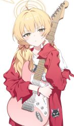 Rule 34 | 1girl, blonde hair, blue archive, blush, coat, electric guitar, fender stratocaster, guitar, hair ribbon, halo, highres, hugging object, instrument, looking at viewer, red coat, ribbon, shirt, simple background, solo, sweatdrop, twintails, white background, white shirt, yoshimi (band) (blue archive), yoshimi (blue archive), you guo chaocai