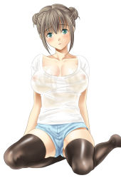 Rule 34 | 1girl, blush, breasts, brown hair, cleavage, female focus, green eyes, large breasts, maki aida factor, original, see-through, short hair, shorts, simple background, sitting, solo, thighhighs, wet, wet clothes, white background