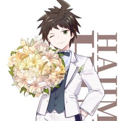 Rule 34 | 1boy, absurdres, ahoge, bouquet, bow, bowtie, brown eyes, character name, collared shirt, commentary request, cowboy shot, danganronpa (series), danganronpa 2: goodbye despair, earrings, flower, gloves, green eyes, highres, hinata hajime, holding, holding bouquet, jacket, jewelry, long sleeves, looking at viewer, midou (grk12138), one eye closed, open clothes, open jacket, pants, shirt, short hair, simple background, solo, vest, white background, white gloves, white jacket, white pants, white shirt