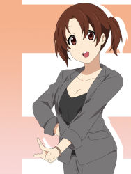 Rule 34 | 1girl, :d, breasts, brown eyes, brown hair, business suit, cleavage, extra, face, formal, hand on own hip, hip focus, ikari manatsu, k-on!, nojima chika, office lady, aged up, open mouth, round teeth, short twintails, smile, solo, suit, teeth, twintails, v, wristband