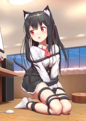 Rule 34 | 1girl, animal ear fluff, animal ears, bdsm, black hair, black skirt, blush, bondage, bound, bound arms, bound legs, cat ears, cat tail, chisuzu mei, collared shirt, commentary request, fang, hair between eyes, hair ribbon, highres, himitsu (hi mi tsu 2), indoors, kneeling, long hair, long sleeves, mouse (computer), open mouth, paryi project, red eyes, red neckwear, red ribbon, restrained, ribbon, shirt, skirt, socks, solo, tail, v arms, very long hair, virtual youtuber, white shirt, white socks