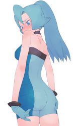 Rule 34 | 1girl, absurdres, ass, black choker, blue bodysuit, blue eyes, blue gloves, blue hair, blush, bodysuit, breasts, choker, clair (pokemon), commentary request, cowboy shot, creatures (company), earrings, eyelashes, game freak, gloves, highres, jewelry, long hair, looking down, nintendo, pokemon, pokemon hgss, ponytail, shizuka no uni, simple background, solo, sweatdrop, tooth earrings, two-tone bodysuit, wedgie, white background