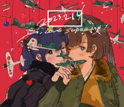 Rule 34 | 2girls, 3107 (satona), aircraft, black jacket, blue eyes, blue hair, bomber jacket, brown eyes, brown hair, dated, e16a zuiun, fur-trimmed jacket, fur trim, green jacket, headband, highres, hiryuu (kancolle), holding, jacket, japanese clothes, kantai collection, long sleeves, looking at viewer, multiple girls, one eye closed, open clothes, open jacket, red background, short hair, simple background, souryuu (kancolle), upper body