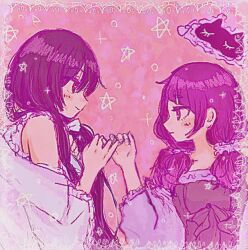 Rule 34 | 2girls, black hair, blush, eye contact, facing another, hair ornament, hair over shoulder, hair scrunchie, idolmaster, idolmaster shiny colors, interlocked fingers, light smile, looking at another, multiple girls, pinky swear, profile, purple hair, scrunchie, shirase sakuya, side ponytail, star (symbol), tanaka mamimi, taruko (dorodorosoup), twintails, upper body
