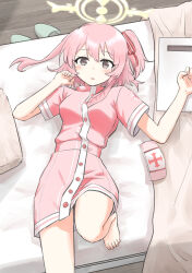 Rule 34 | 1girl, absurdres, alternate costume, barefoot, bed, blanket, blue archive, blush, breasts, come hither, dress, feather hair, halo, hat, highres, imonoiruku, leg up, lying, medium breasts, nurse, nurse cap, on back, on bed, one side up, pillow, pink dress, pink hair, serina (blue archive), serina (nurse) (blue archive), short hair, solo, thighs
