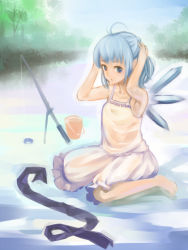 Rule 34 | 1girl, ahoge, arms up, arrow (symbol), atmp1009, barefoot, blue eyes, blue hair, cirno, crystal, day, dress, female focus, fishing rod, full body, ice, ice wings, looking at viewer, matching hair/eyes, mugishima orie, outdoors, river, sitting, solo, sundress, touhou, wariza, water, white dress, wings