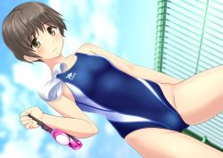 Rule 34 | 1girl, absurdres, blue sky, blue one-piece swimsuit, brown eyes, brown hair, cloud, competition swimsuit, contrapposto, cowboy shot, day, dutch angle, fence, gluteal fold, goggles, unworn goggles, highres, holding, holding goggles, logo, looking at viewer, one-piece swimsuit, original, outdoors, parted lips, short hair, sky, solo, swim cap, unworn swim cap, swimsuit, takafumi