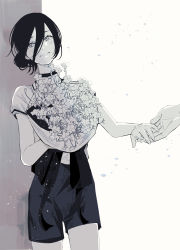 Rule 34 | 1girl, absurdres, bad id, bad pixiv id, blush, bouquet, chainsaw man, choker, closed mouth, collared shirt, commentary, cowboy shot, eyelashes, facing viewer, flower, grenade pin, greyscale, hair bun, head tilt, highres, holding, holding bouquet, holding hands, looking to the side, monochrome, out of frame, petals, reze (chainsaw man), shirt, shirt tucked in, short hair, short shorts, short sleeves, shorts, simple background, single hair bun, smile, solo focus, toukaairab, white background