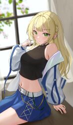 Rule 34 | 1girl, absurdres, arm support, bare shoulders, black shirt, blonde hair, blue skirt, braid, closed mouth, commentary request, copyright request, crop top, day, earrings, green eyes, hand up, highres, jacket, jewelry, korean commentary, light smile, long hair, long sleeves, looking at viewer, midriff, navel, off shoulder, rinrasetsu, shirt, sidelocks, sitting, skirt, solo, stomach, white jacket