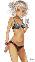 Rule 34 | 1girl, altera (fate), alternate costume, bare arms, bare legs, bare shoulders, bikini, bikini bottom only, black bikini, blunt bangs, bracelet, breasts, closed mouth, collarbone, commentary, dark-skinned female, dark skin, fate/grand order, fate (series), flower, fou (fate), frown (wonderland85711), full-body tattoo, headdress, jewelry, leg tattoo, legs, looking at viewer, navel, pubic tattoo, red eyes, shiny skin, short hair, silver hair, simple background, small breasts, solo, standing, stomach tattoo, swimsuit, symbol-only commentary, tan, tattoo, thighs, white background