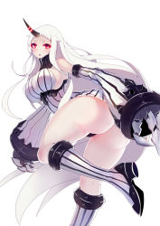 Rule 34 | 10s, 1girl, abyssal ship, ass, bare shoulders, boots, breasts, claws, covered erect nipples, detached sleeves, dress, glowing, highres, horns, kantai collection, knee boots, large breasts, long hair, looking at viewer, mahou kyuuri, open mouth, red eyes, revision, ribbed dress, seaport princess, short dress, sideboob, simple background, single horn, solo, thighs, very long hair, white background, white hair