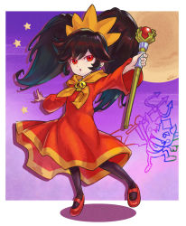 Rule 34 | 1boy, 1girl, ashley (warioware), black hair, closed mouth, collarbone, comma03, commentary, dress, expressionless, full body, holding, light frown, long hair, looking at viewer, nintendo, orange headwear, red (warioware), red dress, red eyes, solo, twintails, wand, warioware