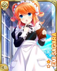 Rule 34 | 1girl, :o, apron, black dress, black neckwear, blue eyes, book, bow, breasts, character name, collared dress, day, dress, girlfriend (kari), hair bow, long sleeves, looking at viewer, maid, maid apron, maid headdress, mansion, medium hair, official art, open mouth, orange hair, outdoors, qp:flapper, ribbon, sagara emi, solo, standing, tagme, two side up, white apron, white bow