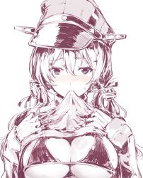 Rule 34 | 10s, 1girl, anchor hair ornament, bikini, bikini top only, blue eyes, blush, breast suppress, breasts, clothes lift, eyebrows, gloves, hair between eyes, hair ornament, hat, kantai collection, large breasts, long hair, looking at viewer, low twintails, monochrome, mouth hold, peaked cap, prinz eugen (kancolle), shirt lift, solo, spot color, sumisu (mondo), sweatdrop, swimsuit, twintails