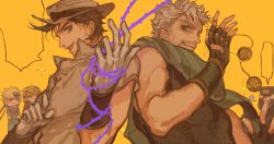 Rule 34 | 5boys, battle tendency, beard, blonde hair, bola (weapon), brown hair, caesar anthonio zeppeli, chibi, cosplay, costume switch, diamond wa kudakenai, facial hair, fedora, fingerless gloves, gloves, green eyes, green scarf, grey hair, hat, hermit purple, highres, jojo no kimyou na bouken, joseph joestar, joseph joestar (old), joseph joestar (young), kuujou joutarou, multicolored clothes, multicolored scarf, multiple boys, official alternate costume, old, old man, plant, scarf, smile, stand (jojo), stardust crusaders, striped clothes, striped scarf, thorns, vertical-striped clothes, vertical-striped scarf, vines, white gloves, yellow scarf