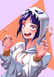 Rule 34 | 1girl, absurdres, blue nails, blush, boku no hero academia, breasts, collarbone, fang, fangs, ghost costume, halloween, highres, hood, hoodie, jirou kyouka, looking at viewer, meron mha, nail polish, open mouth, purple eyes, purple hair, red nails, simple background, small breasts, smile, solo, teeth, tongue, white background, white hoodie