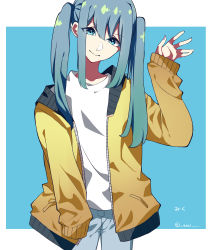 Rule 34 | 1girl, absurdres, bad id, bad pixiv id, blue background, blue eyes, blue hair, commentary, cowboy shot, denim, eyelashes, fingernails, hand up, happy, hatsune miku, head tilt, highres, jacket, jeans, long sleeves, looking at viewer, nail polish, open clothes, open jacket, pants, pink nails, shaded face, shirt, simple background, smile, solo, standing, twintails, upper body, vocaloid, white background, white shirt, yellow jacket