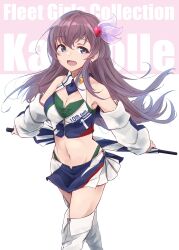 Rule 34 | 1girl, alternate costume, anniversary, boots, breasts, brown hair, bustier, cleavage, commentary request, copyright name, cowboy shot, detached sleeves, groin, hair ornament, highres, kantai collection, kisaragi (kancolle), long hair, looking at viewer, medium breasts, midriff, miniskirt, minosu, multicolored clothes, navel, purple eyes, race queen, skirt, smile, solo, thigh boots, thighhighs, umbrella, white thighhighs