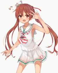 Rule 34 | 10s, 1girl, alternate skin color, bad id, bad pixiv id, brown eyes, brown hair, dress, fang, hachita (odangoya), kantai collection, libeccio (kancolle), long hair, musical note, open mouth, quaver, sailor dress, smile, solo, twintails, v