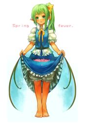 Rule 34 | 1girl, aqua eyes, barefoot, bloomers, blush, clothes lift, daiyousei, female focus, green hair, petals, pointy ears, sachito, side ponytail, skirt, skirt basket, skirt lift, solo, standing, tiptoes, touhou, underwear, wings
