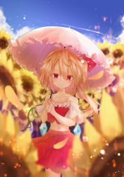 Rule 34 | 1girl, absurdres, bare shoulders, blonde hair, blue sky, blurry, blurry background, blurry foreground, breasts, calpis118, closed mouth, collarbone, cowboy shot, crop top, day, field, flandre scarlet, flower, flower field, hair between eyes, highres, holding, holding umbrella, long hair, looking at viewer, midriff, navel, no headwear, outdoors, pleated skirt, red eyes, red skirt, side ponytail, skirt, sky, small breasts, solo, sunflower, sunflower field, touhou, umbrella, white umbrella, yellow flower