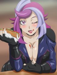 Rule 34 | 1girl, blush, bodysuit, breasts, cleavage, eating, emma bessho, female focus, fingerless gloves, food, gloves, highres, hot dog, large breasts, licking lips, lipstick, looking at viewer, makeup, makino tomoyasu, naughty face, one eye closed, pink eyes, public indecency, purple hair, red lips, short hair, smile, solo, teasing, tongue, tongue out, unzipping, wink, yu-gi-oh!, yuu-gi-ou, yuu-gi-ou vrains