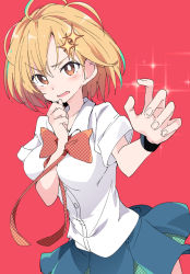 Rule 34 | 1girl, blonde hair, blue skirt, bow, bowtie, breasts, brown eyes, character request, commentary request, copyright request, dokyuu hentai hxeros, hair ornament, hoshino kirara, ixy, medium breasts, open mouth, red background, school uniform, shirt, short hair, short sleeves, simple background, skirt, solo, sparkle hair ornament, white shirt