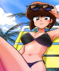 Rule 34 | 1girl, adjusting eyewear, arm at side, arm up, artist name, bare shoulders, bikini, black bikini, blue sky, blunt bangs, blunt ends, bob cut, breasts, brown eyes, brown hair, chair, cleavage, closed mouth, cloud, commentary, curvy, day, earrings, eyewear on head, highres, inverted bob, jewelry, knees up, large breasts, light particles, light smile, looking at viewer, lounge chair, lounging, navel, outdoors, palm tree, ranma 1/2, shiny skin, short hair, signature, sky, smile, solo, sunbathing, sunglasses, swimsuit, tendou nabiki, thong, thong bikini, tree, wanta (futoshi), wide hips