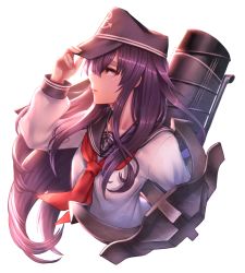 Rule 34 | 10s, 1girl, akatsuki (kancolle), black hair, brown eyes, hand on headwear, hat, hat tip, kantai collection, long hair, long sleeves, machinery, neckerchief, profile, red neckerchief, sailor collar, school uniform, serafuku, simple background, solo, upper body, white background, yapo (croquis side)