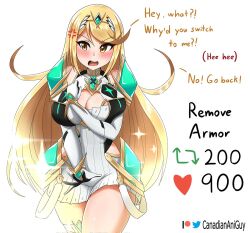 Rule 34 | 1girl, black gloves, blonde hair, blush, breasts, canadiananiguy, chest jewel, cleavage, covering privates, covering breasts, covering crotch, flustered, gloves, large breasts, long hair, meme, mythra (xenoblade), open mouth, shoulder pads, solo, teeth, thighhighs, twitter strip game (meme), twitter username, upper teeth only, very long hair, white gloves, xenoblade chronicles (series), xenoblade chronicles 2