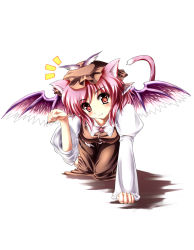 Rule 34 | 1girl, all fours, animal ears, breasts, byakusouya, cat ears, cat girl, cat tail, fang, female focus, full body, hat, mystia lorelei, paw pose, pink hair, red eyes, ribbon, short hair, simple background, solo, tail, touhou, white background, wings
