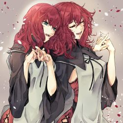 Rule 34 | 2girls, aqua eyes, black capelet, bow, capelet, commentary, commentary request, cross-laced clothes, cross-laced legwear, devola, eyelashes, closed eyes, highres, holding hands, long hair, messy hair, multiple girls, nier, nier (series), partial commentary, popola, red hair, rolling anco, siblings, sisters, twins, wide sleeves