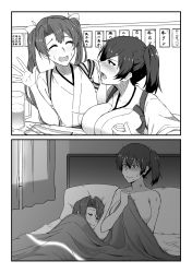 Rule 34 | 2girls, 2koma, :3, @ @, alcohol, bar (place), bed, bed sheet, bedroom, beer mug, blush, breast rest, breasts, collarbone, comic, cup, curtains, drunk, closed eyes, greyscale, hair down, hakama, hakama skirt, hickey, highres, indoors, instant loss, japanese clothes, kaga (kancolle), kantai collection, large breasts, long hair, looking at another, lying, messy hair, monochrome, mug, multiple girls, naked sheet, nose blush, on bed, on side, one side up, open mouth, outstretched hand, sake, silent comic, sitting, skirt, sleeping, sweat, sweatdrop, takaman (gaffe), translation request, twintails, wavy mouth, yuri, zuikaku (kancolle)