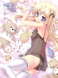 Rule 34 | 1girl, ass, blonde hair, blue eyes, camisole, chemise, from above, highres, long hair, lying, natsumiya yuzu, on side, original, panties, solo, stuffed animal, stuffed toy, teddy bear, thighhighs, underwear
