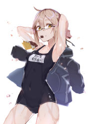 Rule 34 | 1girl, absurdres, ahoge, aida (chinhung0612), armpits, arms up, artoria pendragon (fate), blonde hair, blush, breasts, chocolate, closed mouth, collarbone, covered navel, cowboy shot, fate/grand order, fate (series), food, glasses, hair between eyes, highres, holding, holding clothes, holding jacket, jacket, legs apart, looking at viewer, mouth hold, mysterious heroine x alter (fate), mysterious heroine x alter (second ascension) (fate), name tag, one-piece swimsuit, school swimsuit, semi-rimless eyewear, sidelocks, simple background, small breasts, smile, solo, swimsuit, under-rim eyewear, water drop, white background, yellow eyes