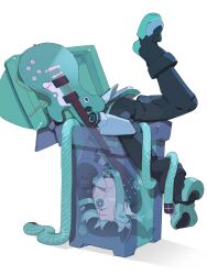 Rule 34 | 1girl, absurdly long hair, android, aqua eyes, aqua hair, aqua necktie, armpits, bare shoulders, black sleeves, bright pupils, cable hair, cheri zao, detached sleeves, full body, guitar, hatsune miku, highres, in trash can, instrument, joints, long hair, mechanical parts, miniskirt, necktie, one eye covered, proto miku (cheri zao), robot girl, robot joints, see-through, see-through skirt, see-through sleeves, shadow, shirt, simple background, skirt, sleeveless, sleeveless shirt, solo, trash can, upside-down, very long hair, vocaloid, white background, white pupils