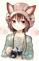 Rule 34 | 1girl, animal ears, brand name imitation, brown hair, camera, commentary request, ears through headwear, hat, highres, holding, holding camera, long sleeves, looking at viewer, original, pink eyes, shirt, short hair, smile, solo, striped clothes, striped shirt, sukemyon, upper body