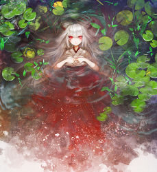 Rule 34 | 1girl, afloat, album cover, alternate costume, bow, cover, duca, female focus, floating, fujiwara no mokou, hair bow, hands on own chest, japanese clothes, kimono, plant, red eyes, silver hair, solo, tears, touhou, water