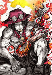 Rule 34 | 1boy, bead necklace, beads, black hair, black shorts, commentary, english commentary, fire, flaming hand, hat, ink (medium), jewelry, looking at viewer, male focus, muscular, mycks, necklace, one eye covered, one piece, pearl necklace, pirate, portgas d. ace, red hat, shorts, sitting, smirk, solo, spot color, tagme, topless male, traditional media