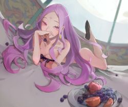 Rule 34 | 1girl, apple, artist request, ass, bare legs, bare shoulders, breasts, cleavage, earrings, facial mark, fate/grand order, fate (series), food, forehead mark, fruit, grapes, jewelry, long hair, looking at viewer, lying, on stomach, orange (fruit), parted lips, pink eyes, purple hair, ribbon, ribbon bra, shoes, small breasts, smile, solo, very long hair, wu zetian (fate)