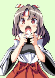 Rule 34 | 10s, 1girl, armor, bad id, bad pixiv id, brown hair, eating, food, headband, japanese clothes, kantai collection, long hair, looking at viewer, muneate, oimo (imoyoukan), oimonocake, onigiri, open mouth, ponytail, red eyes, solo, wide sleeves, zuihou (kancolle)