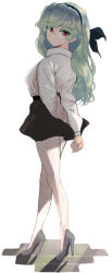 Rule 34 | 1girl, alternate hairstyle, anchovy (girls und panzer), anzio school uniform, arms behind back, black ribbon, black skirt, closed mouth, commentary, dress shirt, from side, full body, girls und panzer, glasses, green hair, grey footwear, hair down, hair ribbon, high heels, light smile, long hair, long sleeves, looking at viewer, miniskirt, mityubi, pantyhose, pleated skirt, red eyes, ribbon, round eyewear, school uniform, shirt, shoes, simple background, skirt, solo, standing, white background, white pantyhose, white shirt, wing collar