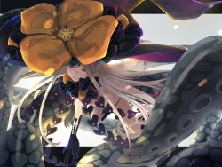 Rule 34 | 1girl, abigail williams (fate), abigail williams (third ascension) (fate), black bow, black gloves, black hat, black panties, bow, elbow gloves, fate/grand order, fate (series), force (fossan 01), gloves, grin, hat, hat bow, highres, holding, long hair, looking at viewer, orange bow, panties, parted bangs, pointy ears, red eyes, revealing clothes, sharp teeth, smile, solo, suction cups, teeth, tentacles, topless, underwear, v-shaped eyebrows, very long hair, white hair, witch hat