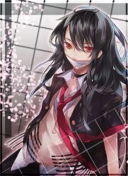 Rule 34 | 1girl, bad id, bad pixiv id, bandages, black hair, choker, covered mouth, dress shirt, indoors, jacket, long hair, looking at viewer, necktie, open clothes, open jacket, orange eyes, original, prussia echo, red necktie, school uniform, shirt, short sleeves, solo, white shirt, window