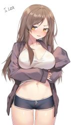 Rule 34 | 1girl, arm up, blue shorts, blush, breasts, brown eyes, brown hair, cardigan, chukibabo2, clothes lift, commentary, commission, cowboy shot, dolphin shorts, highres, large breasts, lifted by self, long hair, long sleeves, midriff, navel, open cardigan, open clothes, original, parted lips, purple cardigan, shirt, shirt lift, short shorts, shorts, sideways glance, simple background, sleeves past fingers, sleeves past wrists, solo, standing, tearing up, v-shaped eyebrows, white background, white shirt