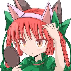 Rule 34 | 1girl, :o, animal ears, arm up, blunt bangs, blush, bow, brown eyes, cat ears, closed mouth, collar, derivative work, dress, expressionless, extra ears, eyebrows, fake animal ears, frilled collar, frilled sleeves, frills, green bow, green dress, hair bow, holding, kaenbyou rin, kanma (ohw043197250c9z), long hair, mirror, parted lips, puffy short sleeves, puffy sleeves, red hair, short sleeves, simple background, slit pupils, solo, sweatdrop, tareme, touhou, upper body, white background